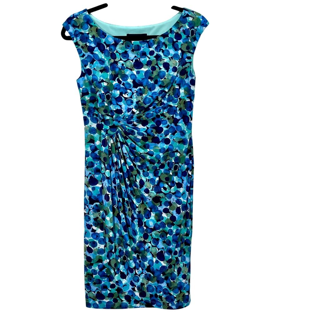 Connected Y2K Column Mini Dress Cap Sleeves Blue Polka Dots Side Ruched 6P